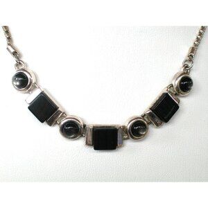 Vintage Onyx & Silver Tone Geometric Necklace By B. David With Adjustable Chain